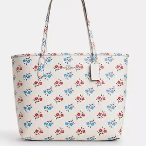 Coach Floral Print Tote Bag, Blue, Red, White, 13in by 11.5in